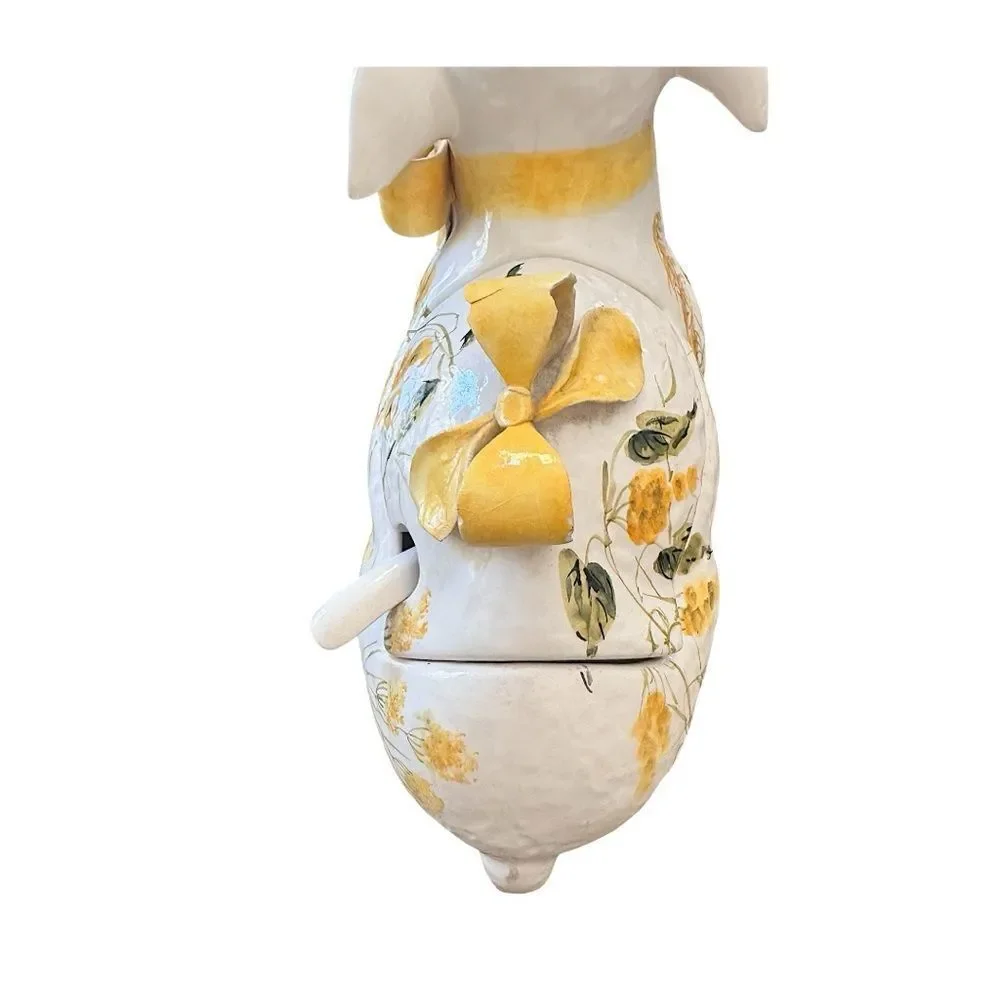 Vintage Italian Lamb Soup Tureen,Spoon Hand-Painted Yellow Mimosa Mid-Century